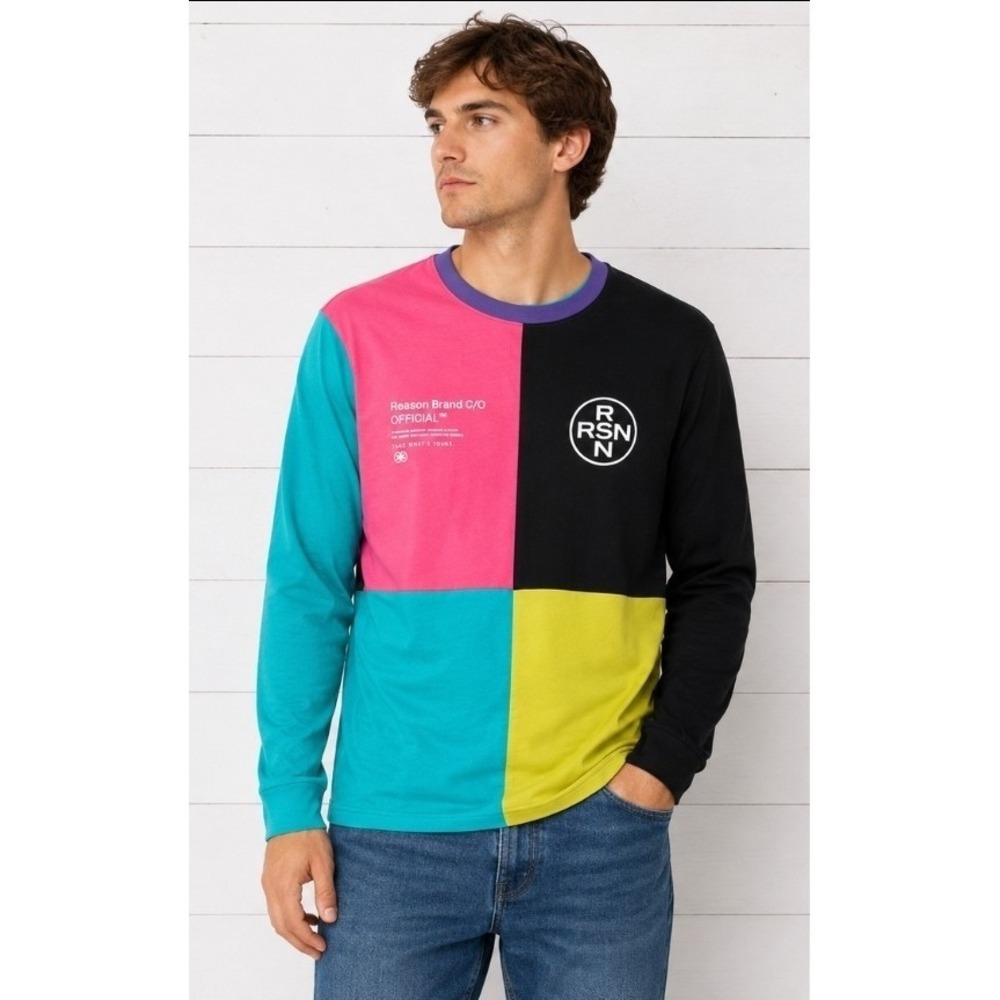 New XL Reason Nolan Color Block Long Sleeve Cotton Streetwear Casual Shirt T70